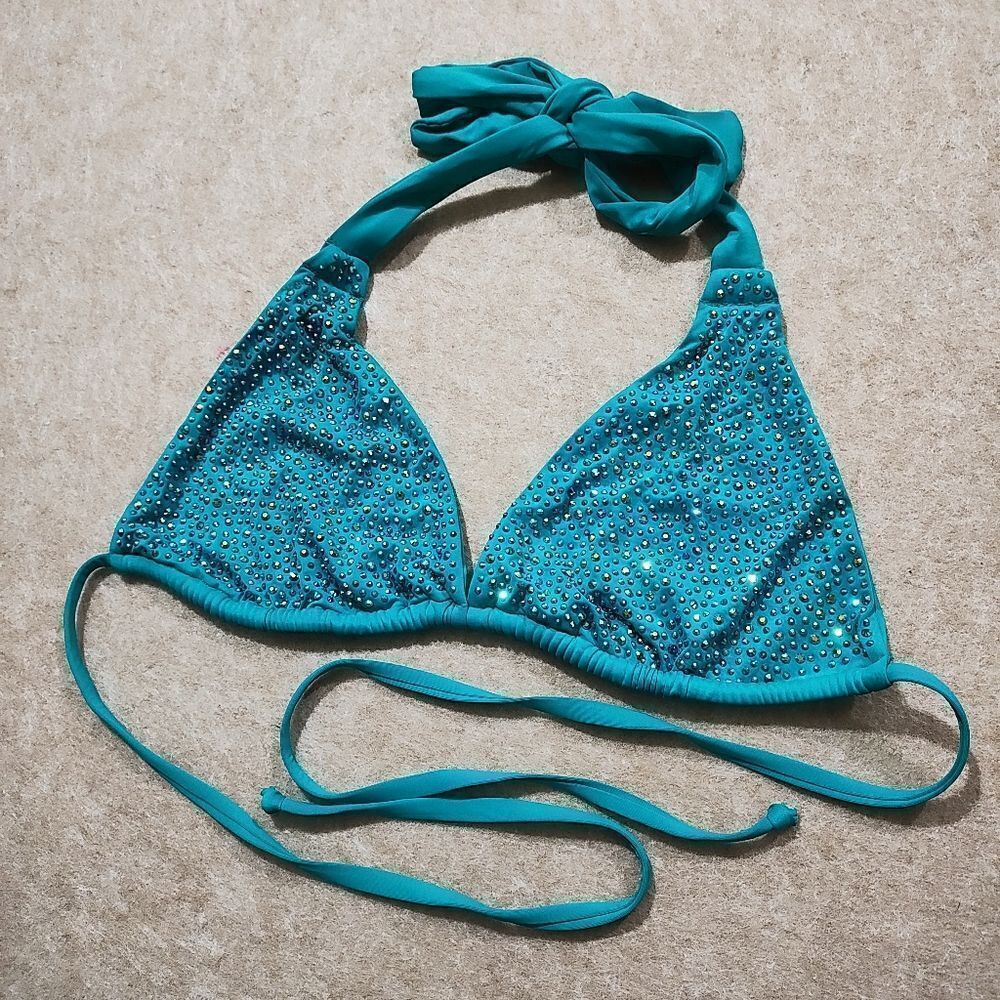 Luxury Rhinestone Teal Triangle Halter Bikini Swim Top #8